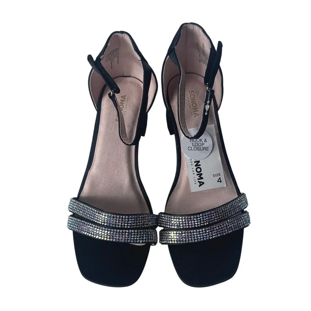 Sonoma HALANABLACK Girls Size 4 Black‎ Rhinestone Block Heel Dress Sandals NWOB